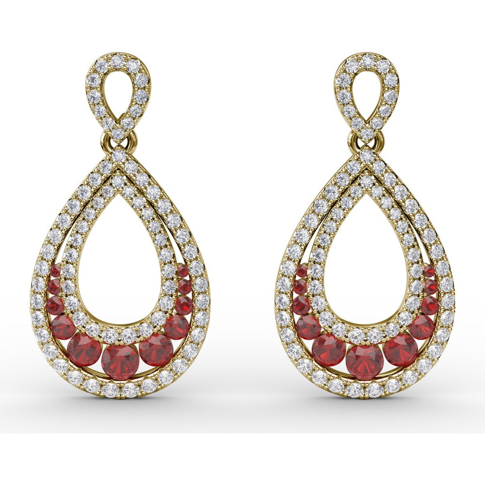 Drop Earrings with Pear-Shaped Openwork Diamond Frame and Graduated Prong-Set Rubies by Fana - 2.18 Carat Total Gemstone Weight