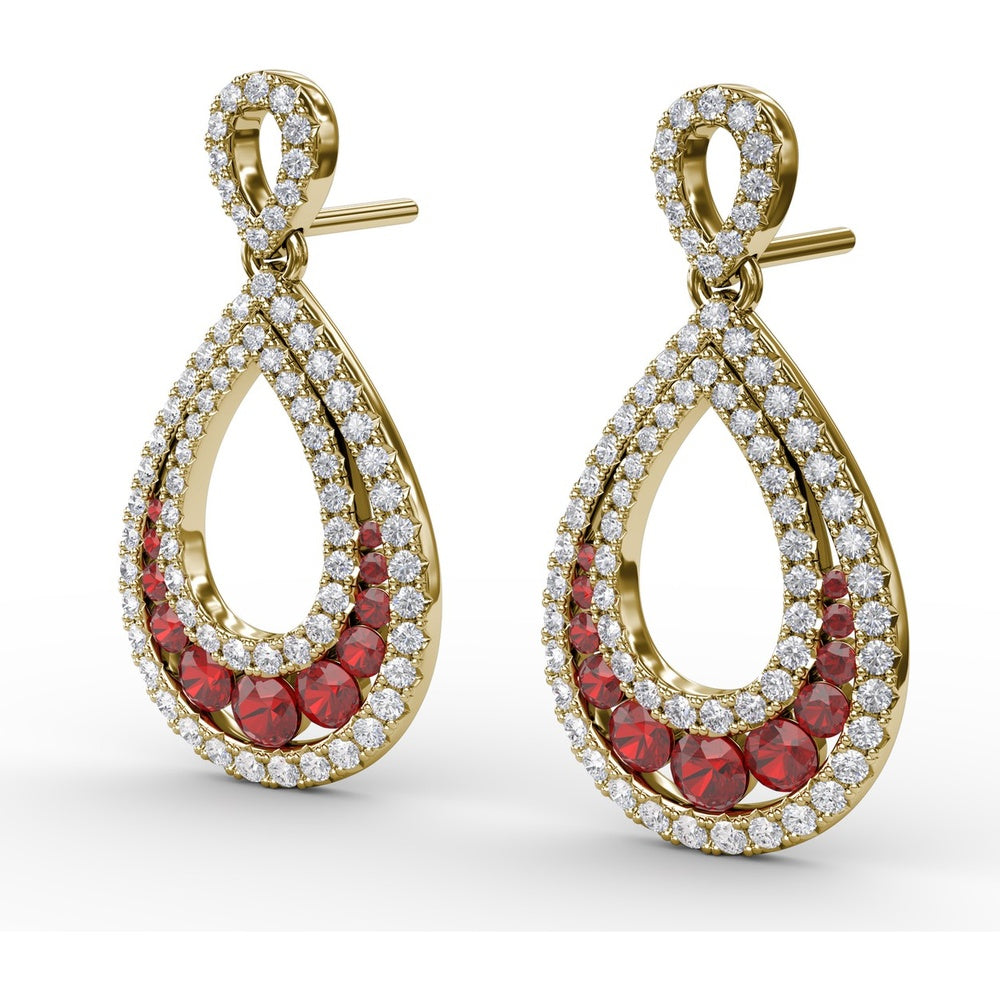 Drop Earrings with Pear-Shaped Openwork Diamond Frame and Graduated Prong-Set Rubies by Fana - 2.18 Carat Total Gemstone Weight