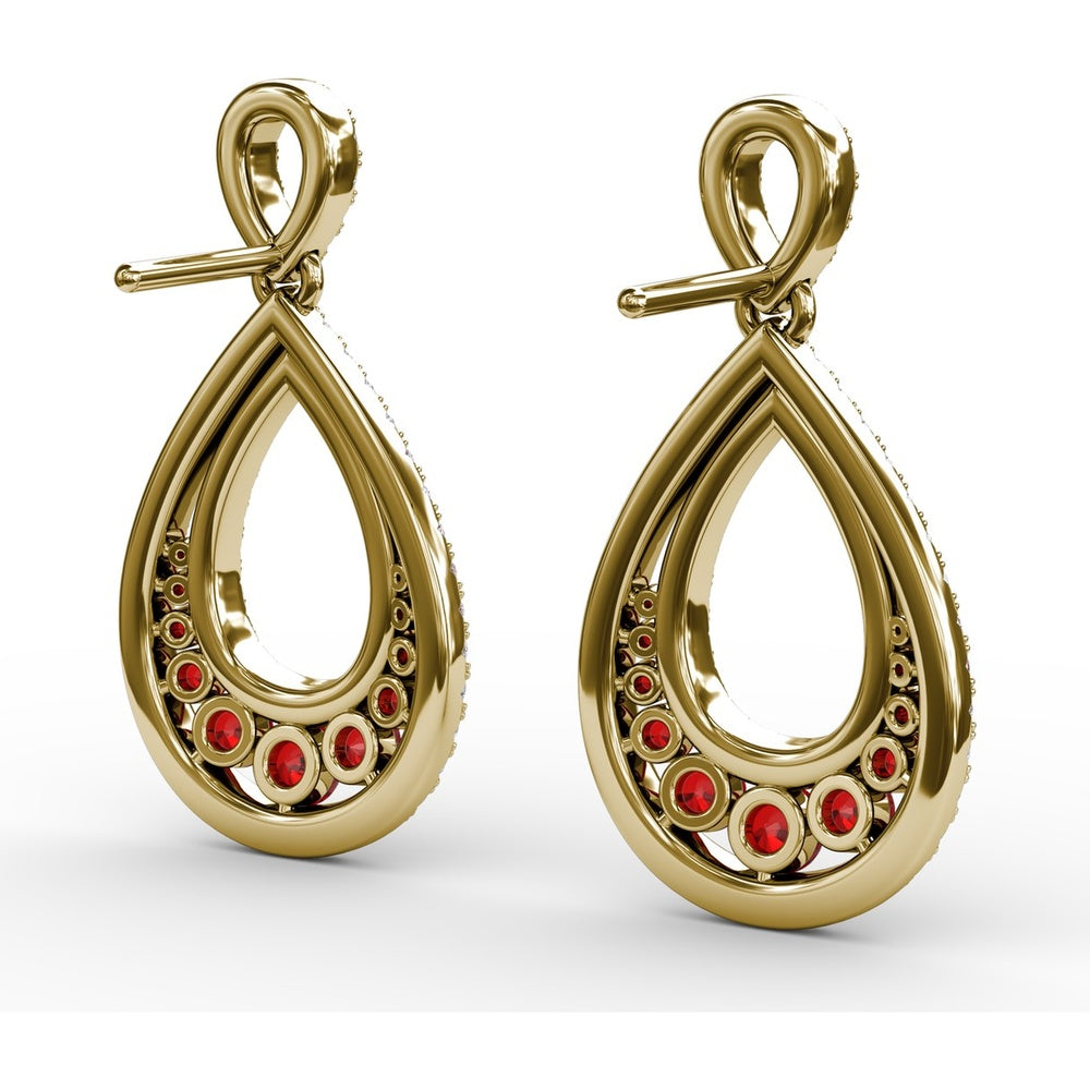 Drop Earrings with Pear-Shaped Openwork Diamond Frame and Graduated Prong-Set Rubies by Fana - 2.18 Carat Total Gemstone Weight