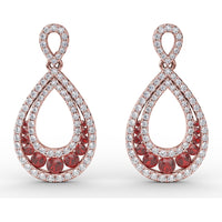 Drop Earrings with Pear-Shaped Openwork Diamond Frame and Graduated Prong-Set Rubies by Fana - 2.18 Carat Total Gemstone Weight
