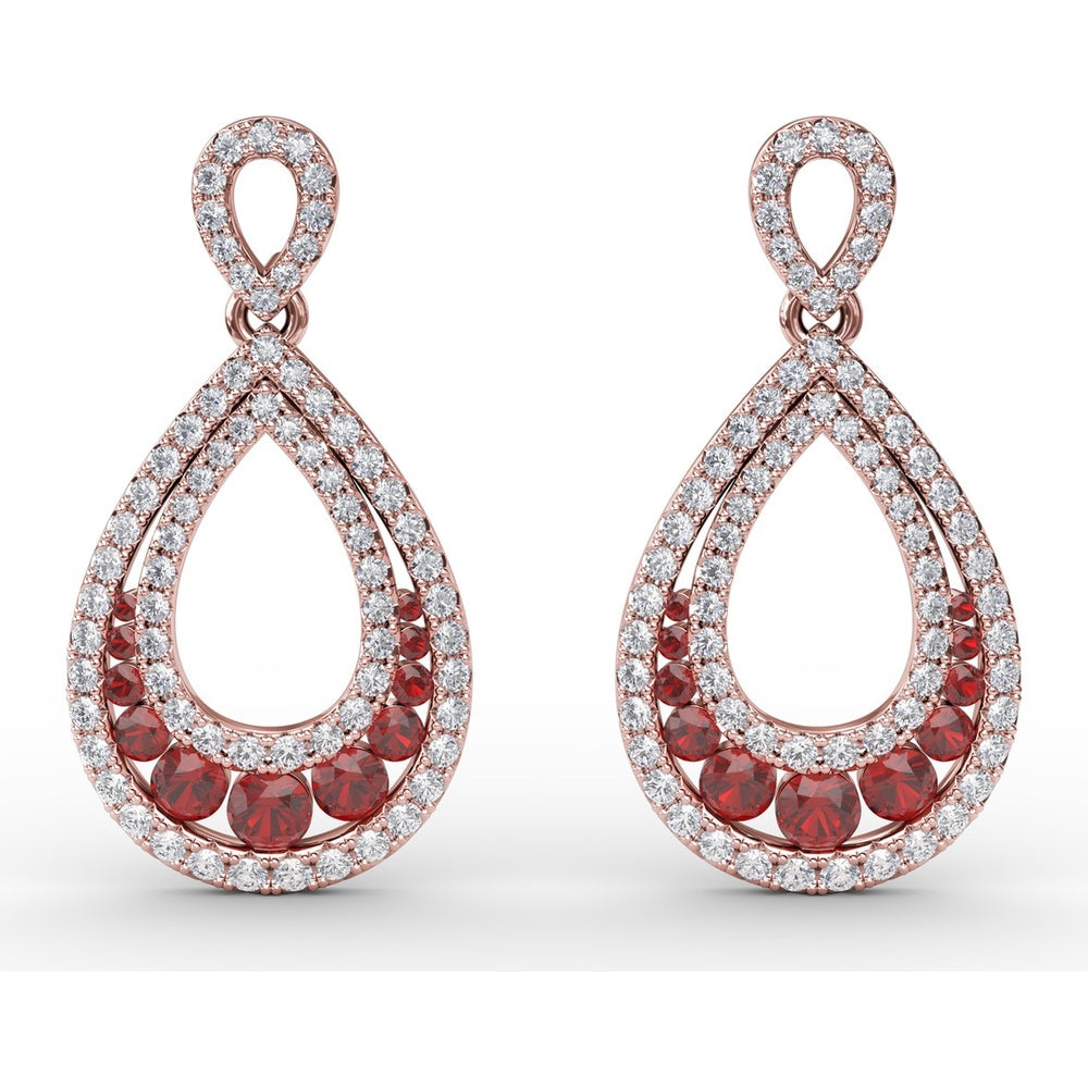 Drop Earrings with Pear-Shaped Openwork Diamond Frame and Graduated Prong-Set Rubies by Fana - 2.18 Carat Total Gemstone Weight