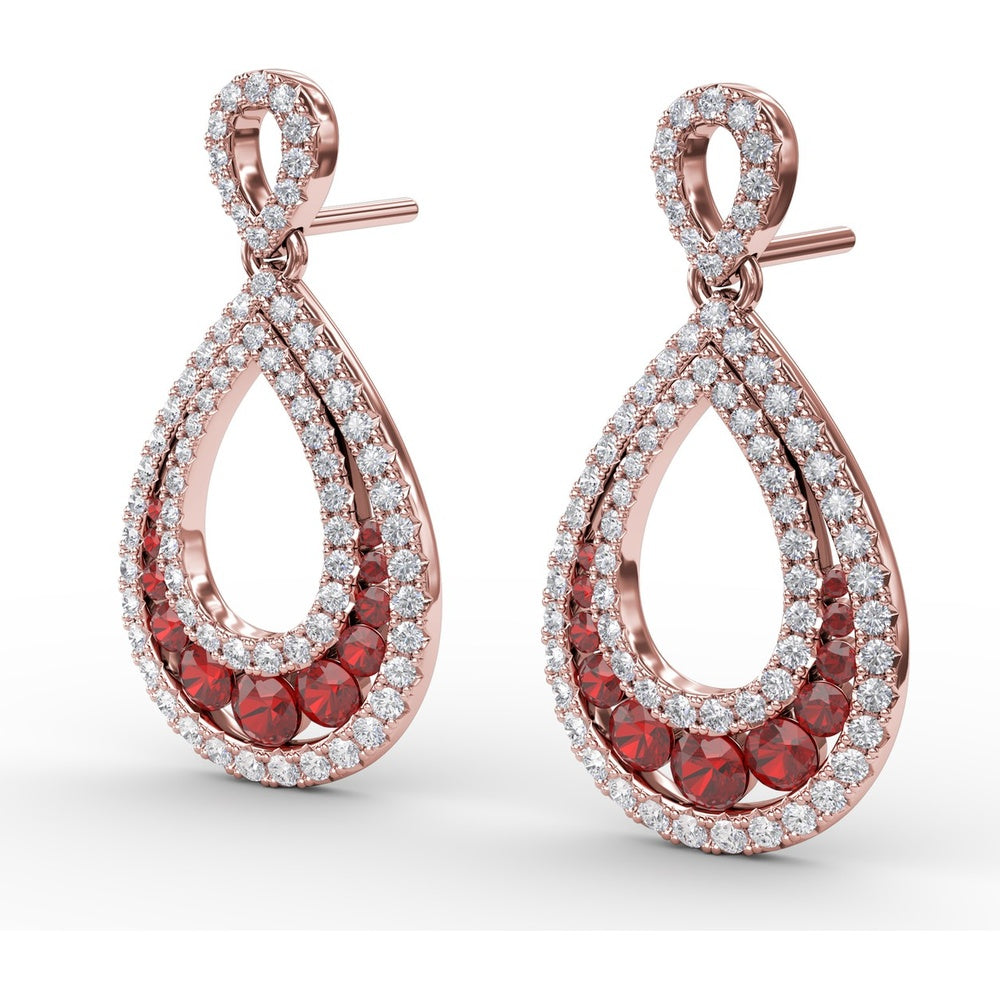 Drop Earrings with Pear-Shaped Openwork Diamond Frame and Graduated Prong-Set Rubies by Fana - 2.18 Carat Total Gemstone Weight