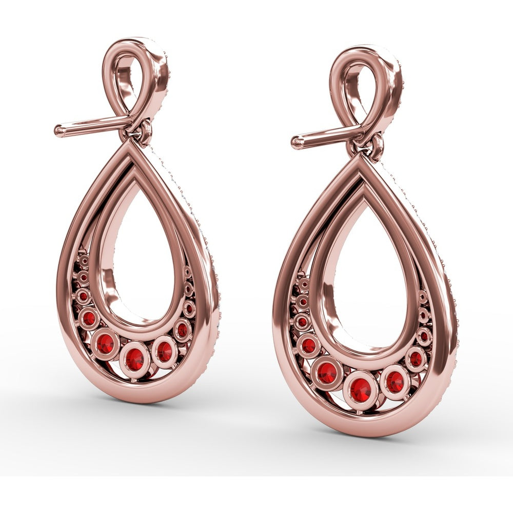 Drop Earrings with Pear-Shaped Openwork Diamond Frame and Graduated Prong-Set Rubies by Fana - 2.18 Carat Total Gemstone Weight