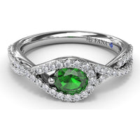 East-To-West Oval Emerald Ring with Diamond Halo and Pavé Split Shank by Fana - 0.73 Carat Total Gemstone Weight