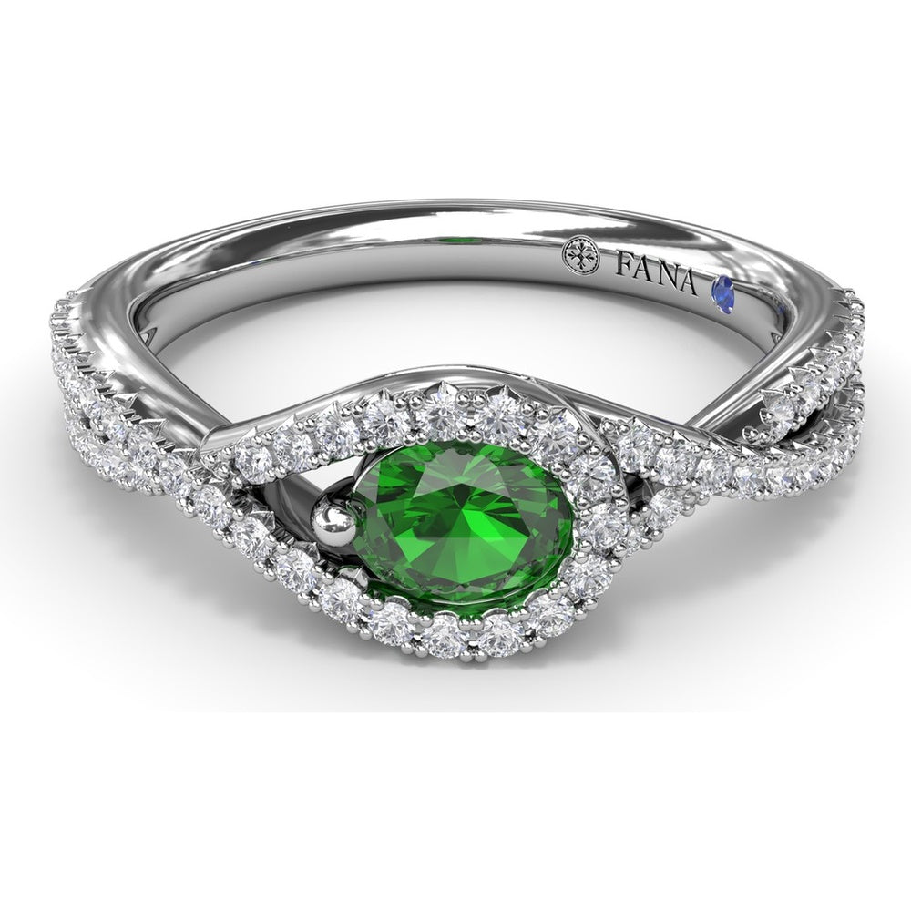 East-To-West Oval Emerald Ring with Diamond Halo and Pavé Split Shank by Fana - 0.73 Carat Total Gemstone Weight