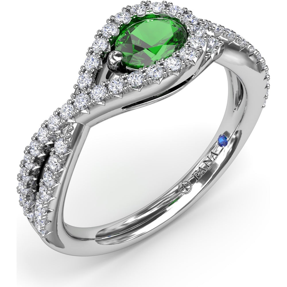East-To-West Oval Emerald Ring with Diamond Halo and Pavé Split Shank by Fana - 0.73 Carat Total Gemstone Weight