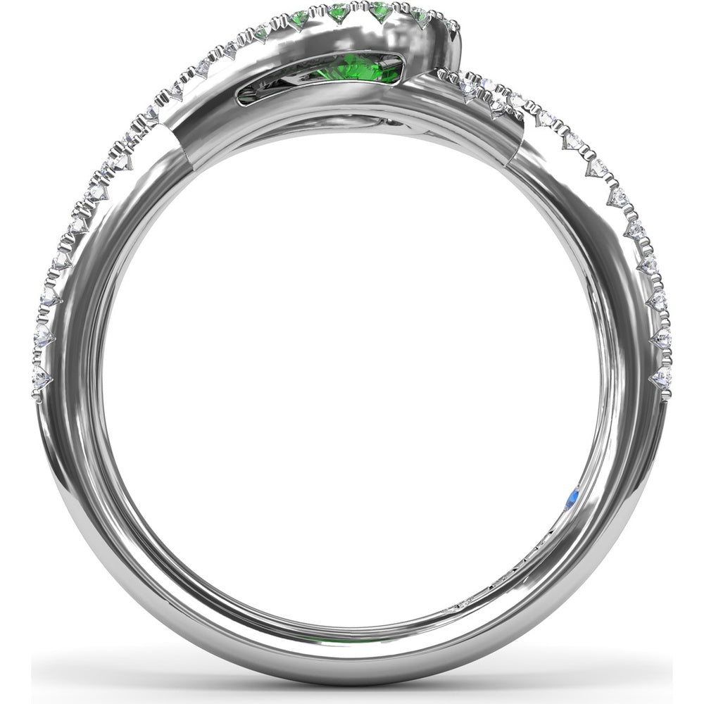 East-To-West Oval Emerald Ring with Diamond Halo and Pavé Split Shank by Fana - 0.73 Carat Total Gemstone Weight