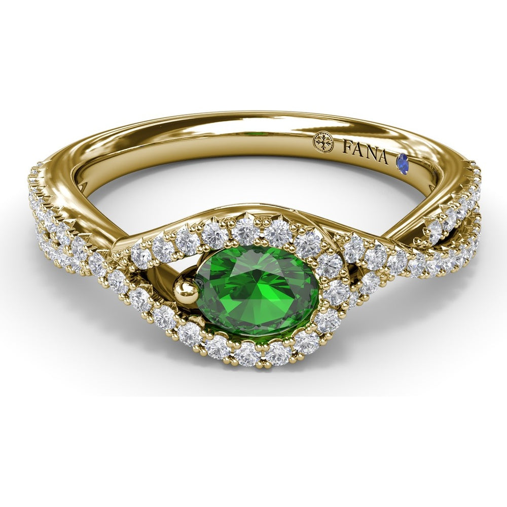East-To-West Oval Emerald Ring with Diamond Halo and Pavé Split Shank by Fana - 0.73 Carat Total Gemstone Weight