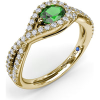 East-To-West Oval Emerald Ring with Diamond Halo and Pavé Split Shank by Fana - 0.73 Carat Total Gemstone Weight