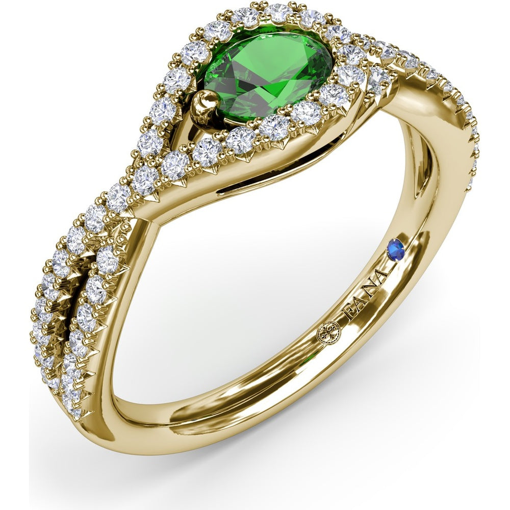 East-To-West Oval Emerald Ring with Diamond Halo and Pavé Split Shank by Fana - 0.73 Carat Total Gemstone Weight