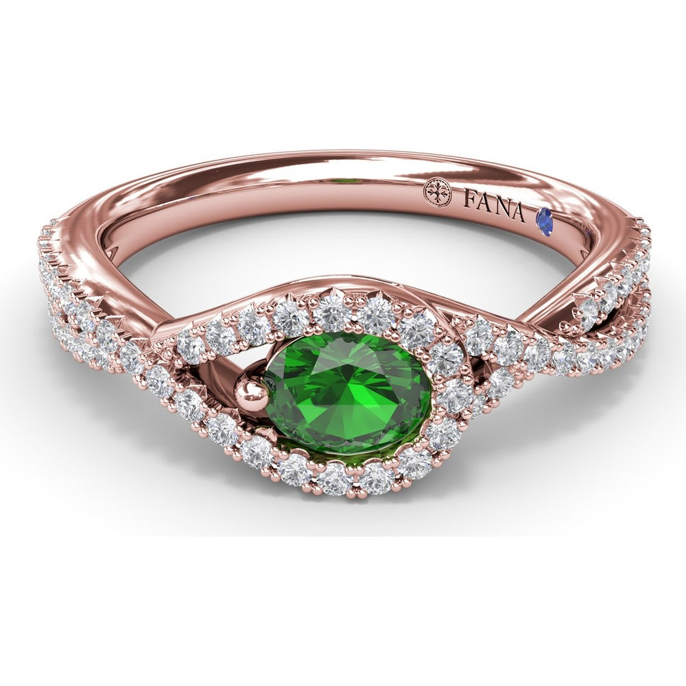 East-To-West Oval Emerald Ring with Diamond Halo and Pavé Split Shank by Fana - 0.73 Carat Total Gemstone Weight