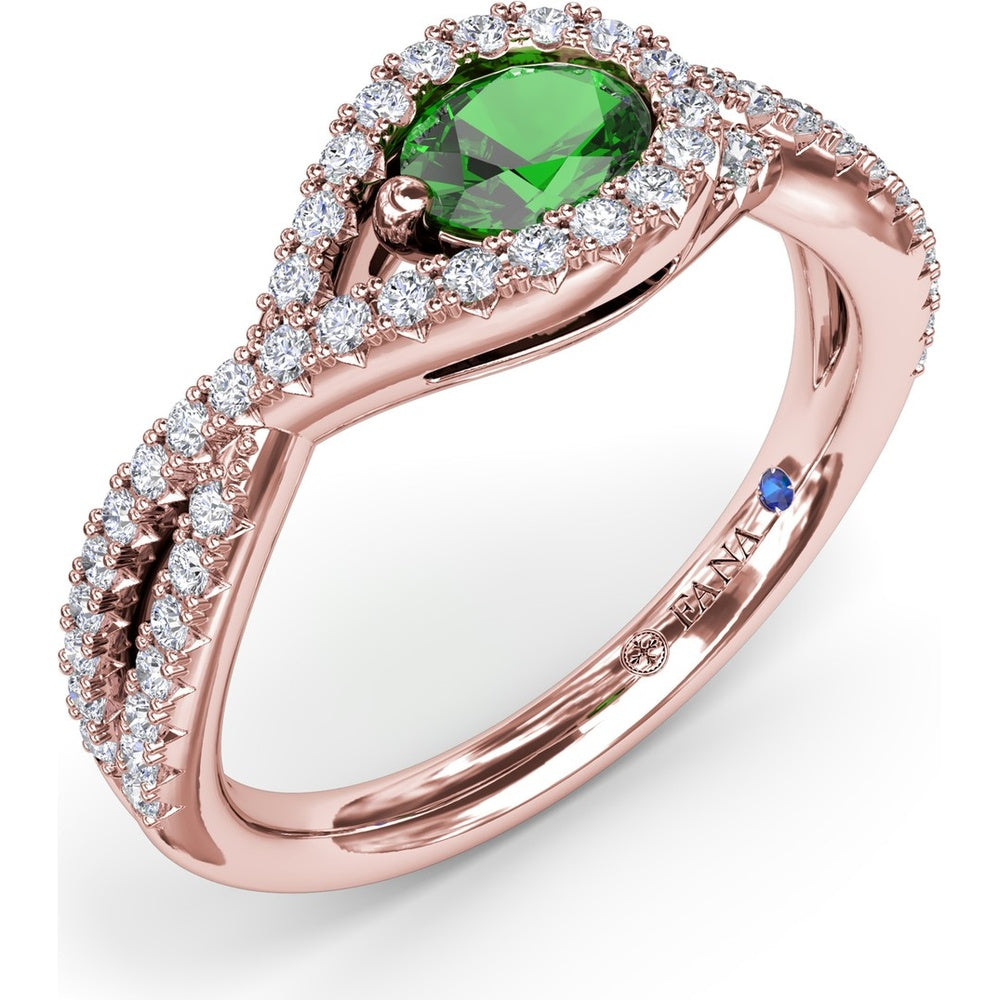 East-To-West Oval Emerald Ring with Diamond Halo and Pavé Split Shank by Fana - 0.73 Carat Total Gemstone Weight