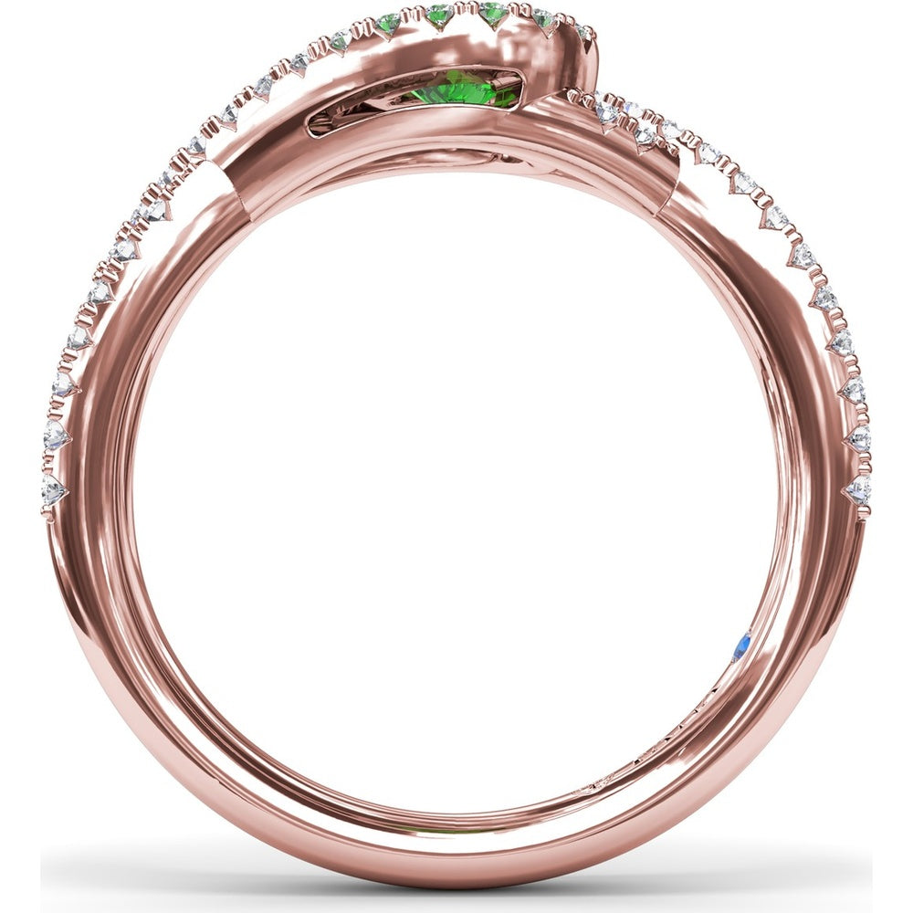 East-To-West Oval Emerald Ring with Diamond Halo and Pavé Split Shank by Fana - 0.73 Carat Total Gemstone Weight