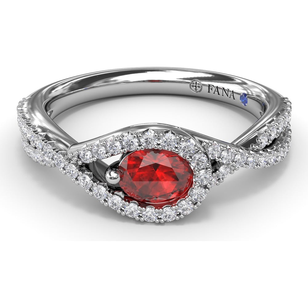 East-To-West Oval Ruby Ring with Diamond Halo and Pavé Split Shank by Fana - 0.87 Carat Total Gemstone Weight