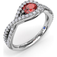 East-To-West Oval Ruby Ring with Diamond Halo and Pavé Split Shank by Fana - 0.87 Carat Total Gemstone Weight
