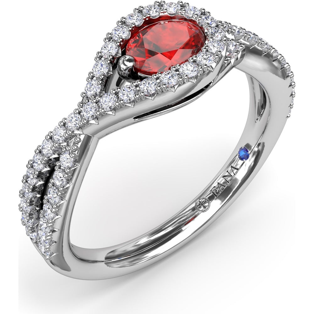 East-To-West Oval Ruby Ring with Diamond Halo and Pavé Split Shank by Fana - 0.87 Carat Total Gemstone Weight