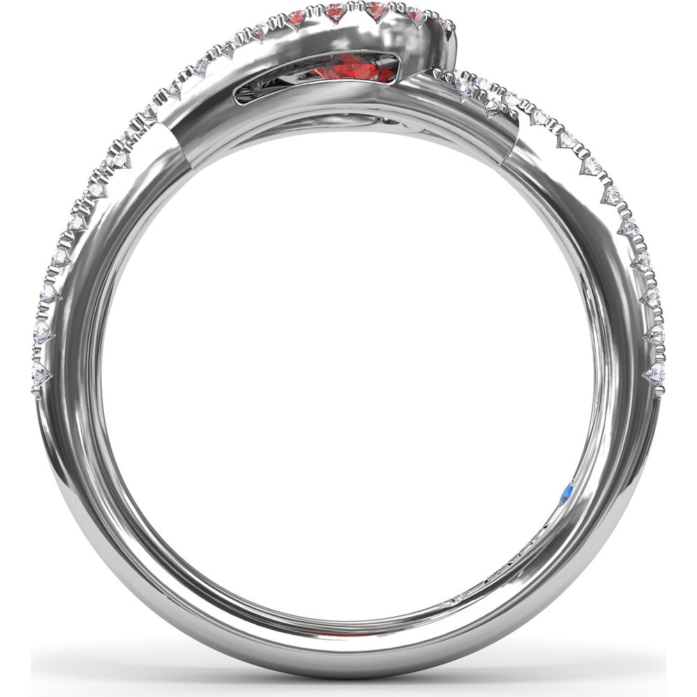East-To-West Oval Ruby Ring with Diamond Halo and Pavé Split Shank by Fana - 0.87 Carat Total Gemstone Weight