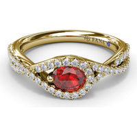 East-To-West Oval Ruby Ring with Diamond Halo and Pavé Split Shank by Fana - 0.87 Carat Total Gemstone Weight
