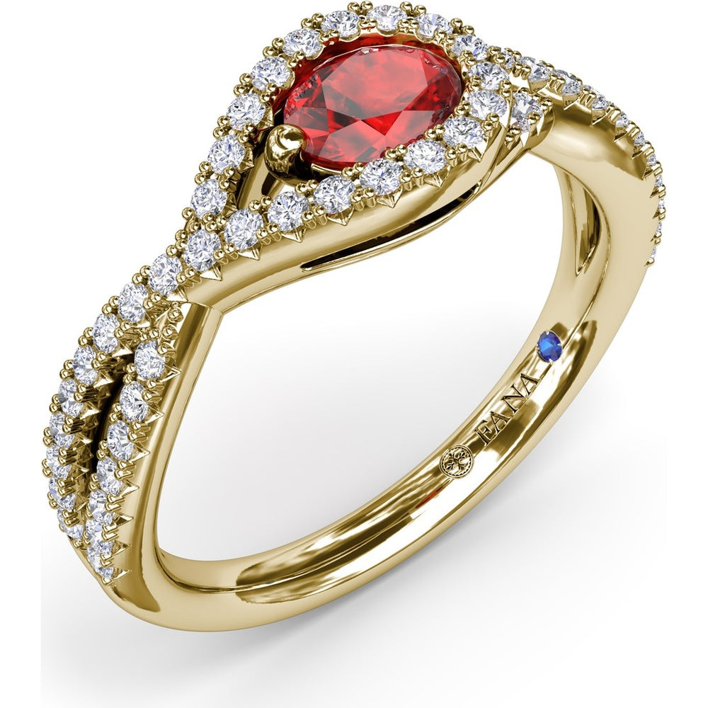 East-To-West Oval Ruby Ring with Diamond Halo and Pavé Split Shank by Fana - 0.87 Carat Total Gemstone Weight