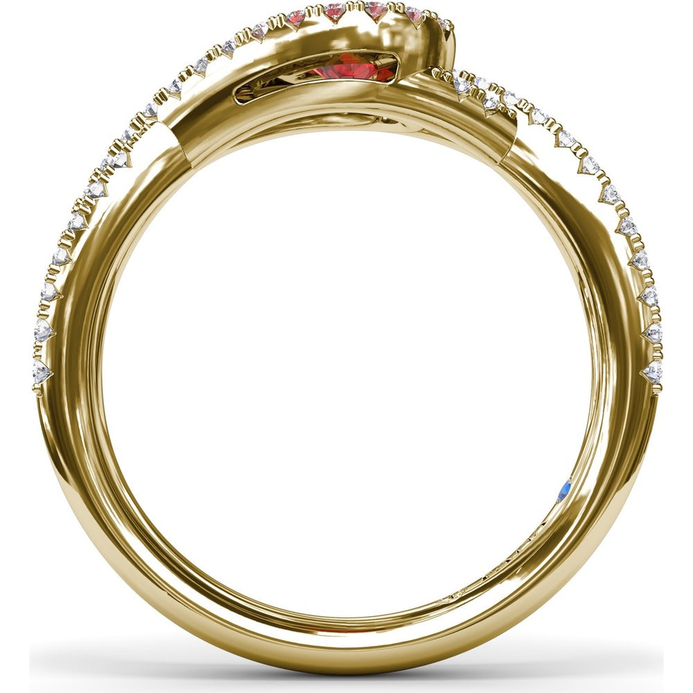 East-To-West Oval Ruby Ring with Diamond Halo and Pavé Split Shank by Fana - 0.87 Carat Total Gemstone Weight