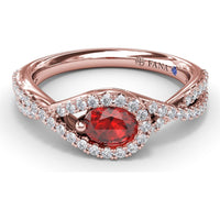 East-To-West Oval Ruby Ring with Diamond Halo and Pavé Split Shank by Fana - 0.87 Carat Total Gemstone Weight