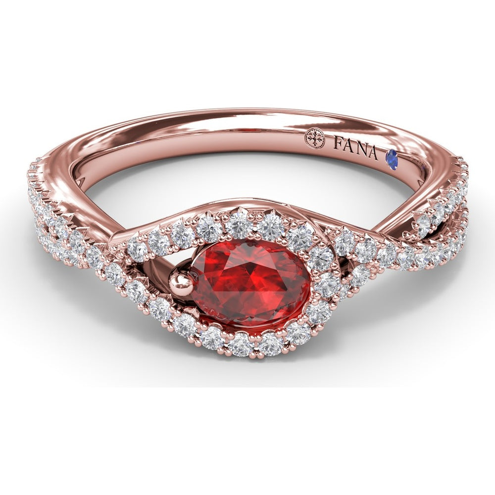 East-To-West Oval Ruby Ring with Diamond Halo and Pavé Split Shank by Fana - 0.87 Carat Total Gemstone Weight