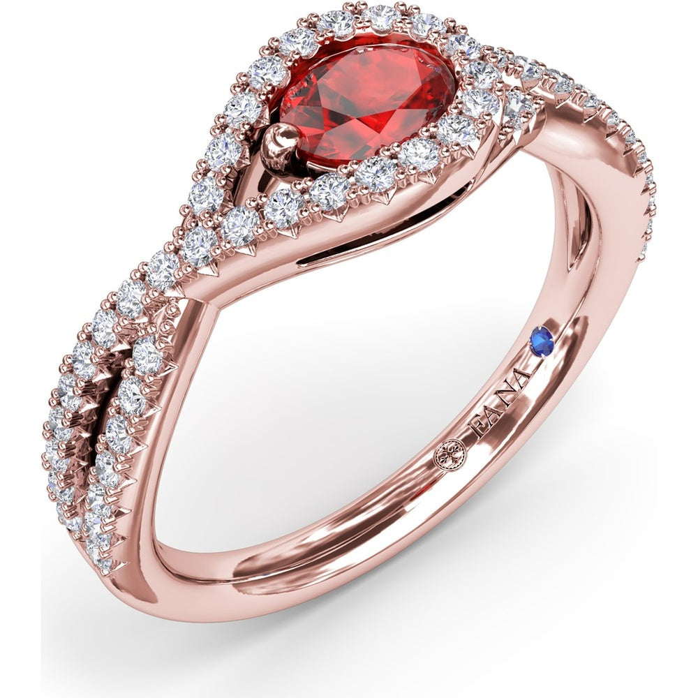 East-To-West Oval Ruby Ring with Diamond Halo and Pavé Split Shank by Fana - 0.87 Carat Total Gemstone Weight