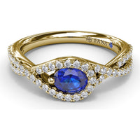East-to-West Oval Sapphire Ring with Diamond Halo and Split Shank by Fana - 0.87 Carat Total Gemstone Weight