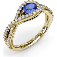 East-to-West Oval Sapphire Ring with Diamond Halo and Split Shank by Fana - 0.87 Carat Total Gemstone Weight