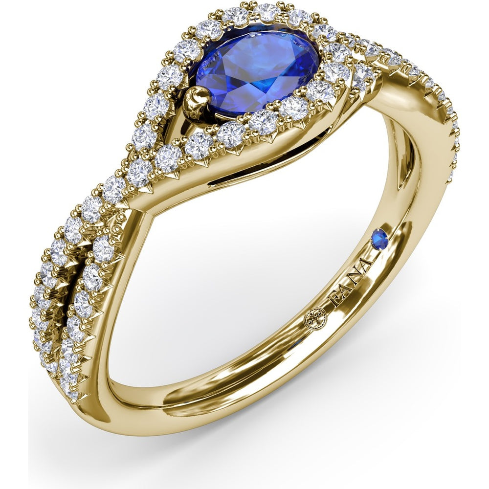 East-to-West Oval Sapphire Ring with Diamond Halo and Split Shank by Fana - 0.87 Carat Total Gemstone Weight