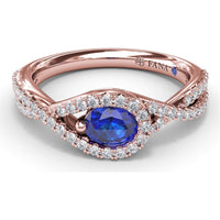 East-to-West Oval Sapphire Ring with Diamond Halo and Split Shank by Fana - 0.87 Carat Total Gemstone Weight