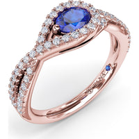 East-to-West Oval Sapphire Ring with Diamond Halo and Split Shank by Fana - 0.87 Carat Total Gemstone Weight