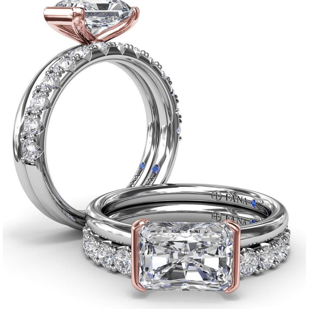 East-West Half Bezel Engagement Ring Setting with Pavé Diamond Band and Hidden Accent by Fana - 0.02 Carat Total Diamond Weight