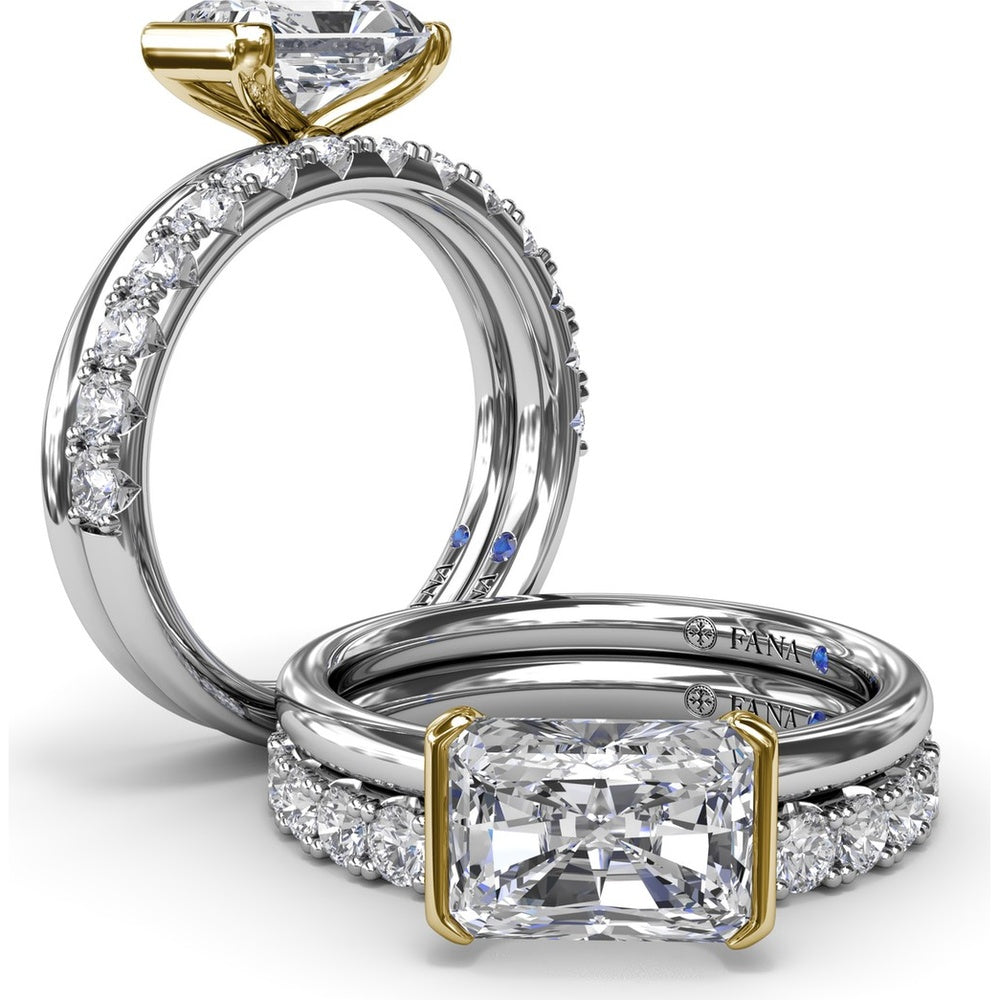 East-West Half Bezel Engagement Ring Setting with Pavé Diamond Band and Hidden Accent by Fana - 0.02 Carat Total Diamond Weight