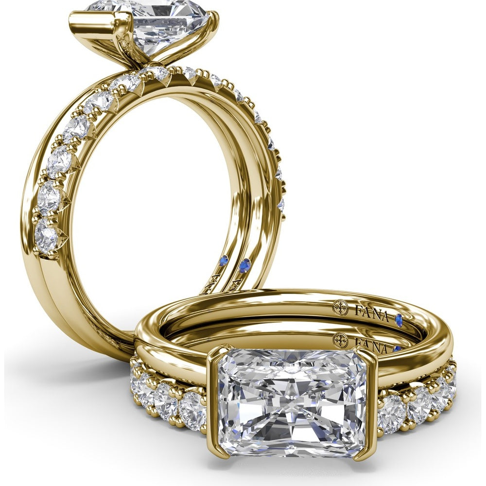 East-West Half Bezel Engagement Ring Setting with Pavé Diamond Band and Hidden Accent by Fana - 0.02 Carat Total Diamond Weight