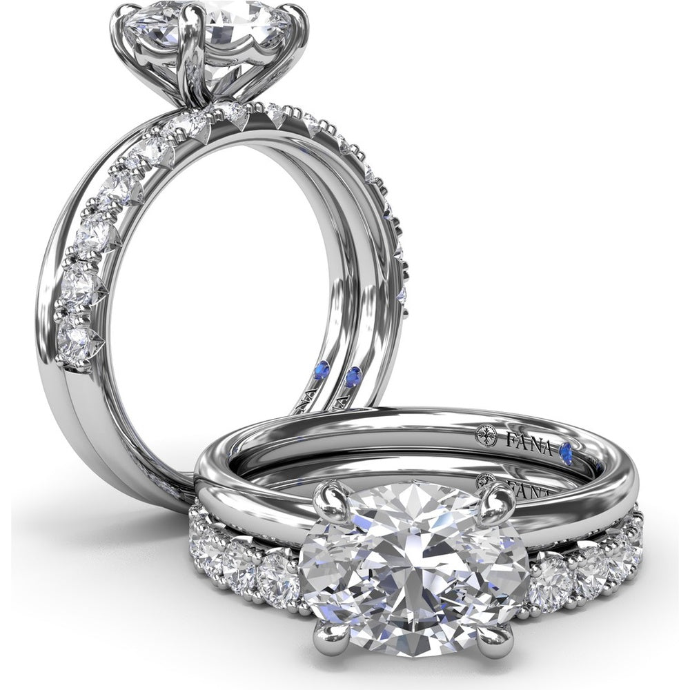 East-West Oval Diamond Solitaire Engagement Ring Setting with Hidden Sapphire Detail by Fana