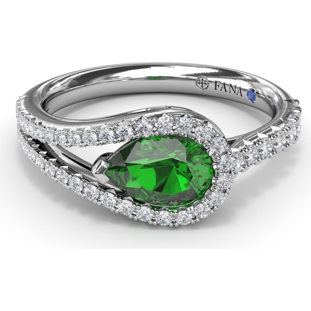 East-West Pear Emerald Wrap Ring with Diamond Halo and Split Shank by Fana - 1.08 Carat Total Gemstone Weight