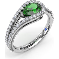 East-West Pear Emerald Wrap Ring with Diamond Halo and Split Shank by Fana - 1.08 Carat Total Gemstone Weight