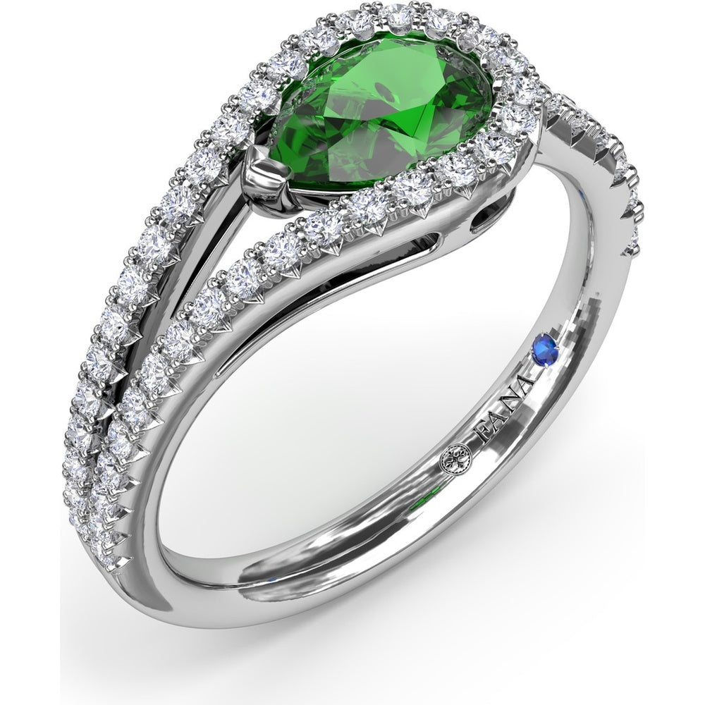 East-West Pear Emerald Wrap Ring with Diamond Halo and Split Shank by Fana - 1.08 Carat Total Gemstone Weight