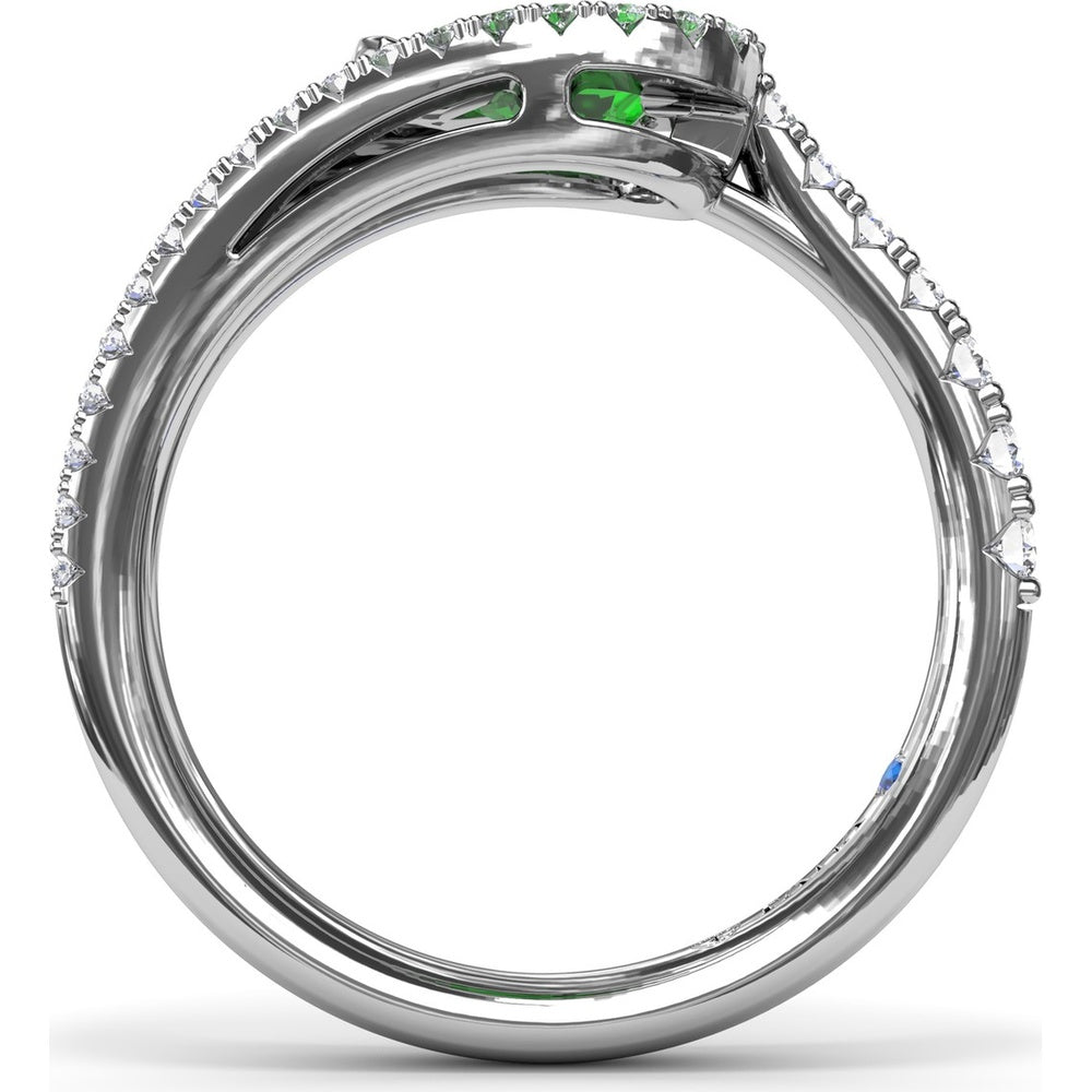 East-West Pear Emerald Wrap Ring with Diamond Halo and Split Shank by Fana - 1.08 Carat Total Gemstone Weight