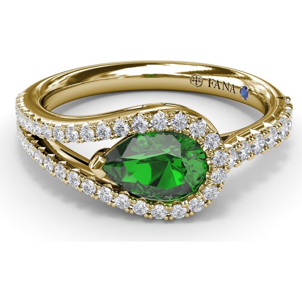 East-West Pear Emerald Wrap Ring with Diamond Halo and Split Shank by Fana - 1.08 Carat Total Gemstone Weight