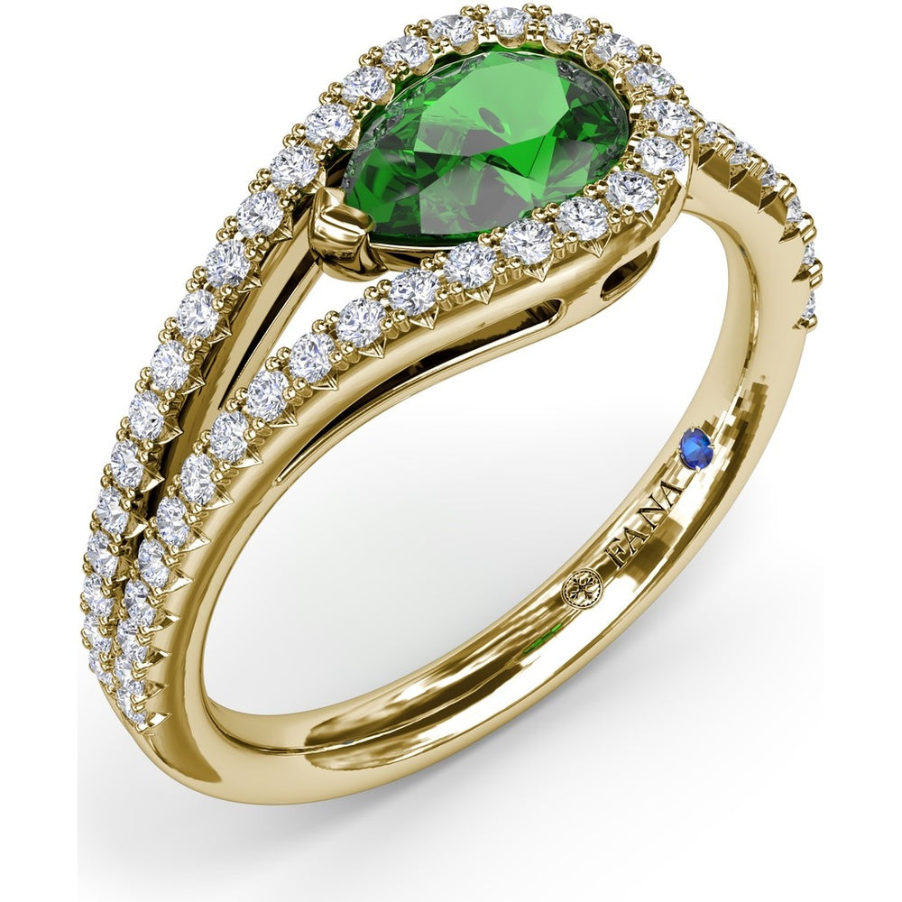 East-West Pear Emerald Wrap Ring with Diamond Halo and Split Shank by Fana - 1.08 Carat Total Gemstone Weight