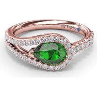East-West Pear Emerald Wrap Ring with Diamond Halo and Split Shank by Fana - 1.08 Carat Total Gemstone Weight