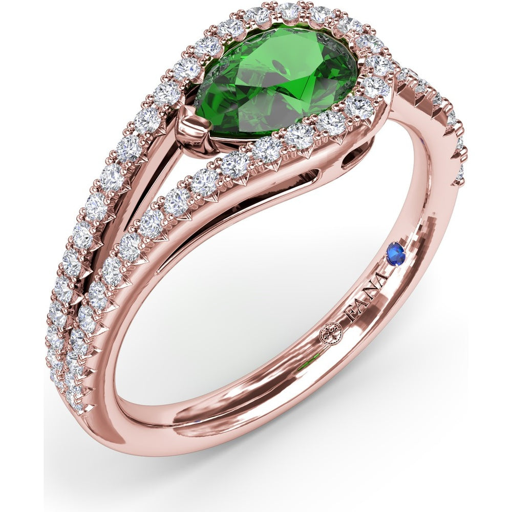 East-West Pear Emerald Wrap Ring with Diamond Halo and Split Shank by Fana - 1.08 Carat Total Gemstone Weight