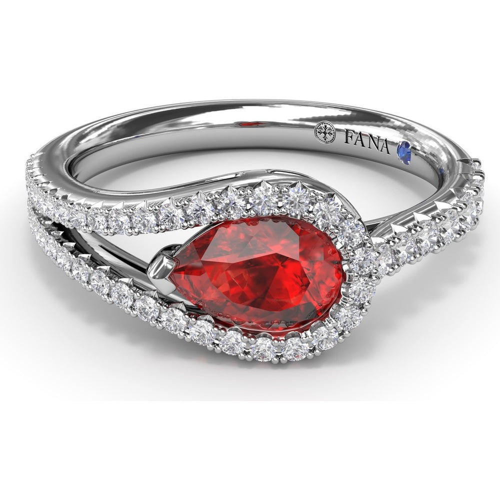 East-West Pear Ruby Ring with Split Shank Diamond Halo by Fana - 1.22 Carat Total Gemstone Weight