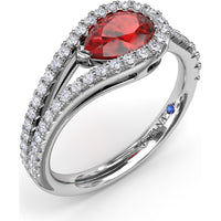East-West Pear Ruby Ring with Split Shank Diamond Halo by Fana - 1.22 Carat Total Gemstone Weight