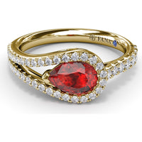 East-West Pear Ruby Ring with Split Shank Diamond Halo by Fana - 1.22 Carat Total Gemstone Weight
