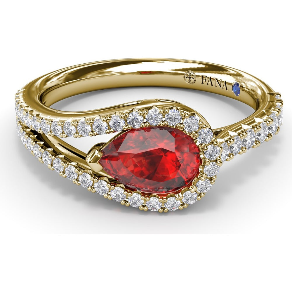 East-West Pear Ruby Ring with Split Shank Diamond Halo by Fana - 1.22 Carat Total Gemstone Weight