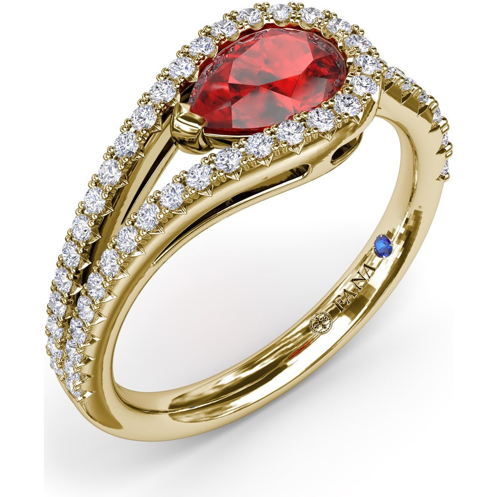 East-West Pear Ruby Ring with Split Shank Diamond Halo by Fana - 1.22 Carat Total Gemstone Weight