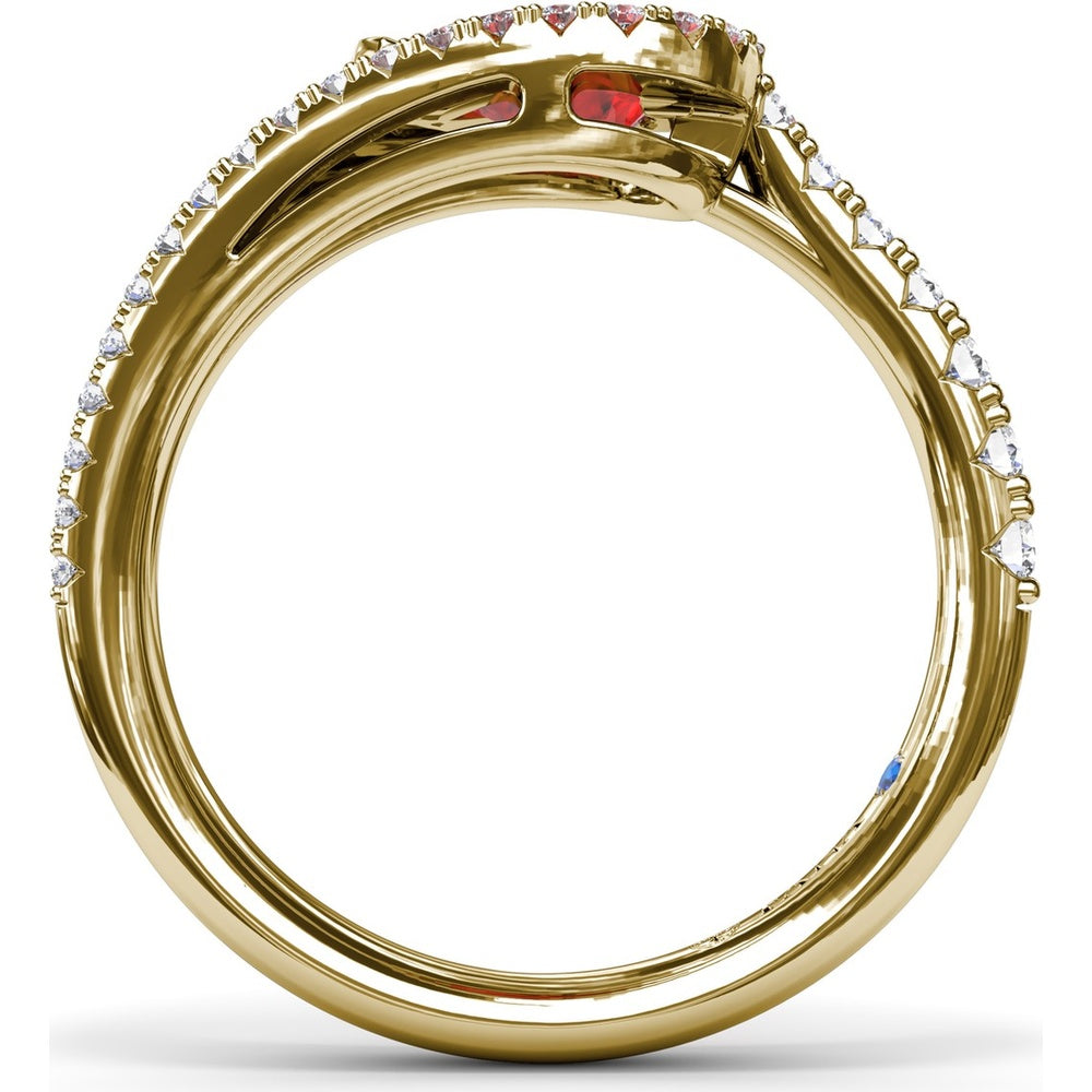 East-West Pear Ruby Ring with Split Shank Diamond Halo by Fana - 1.22 Carat Total Gemstone Weight